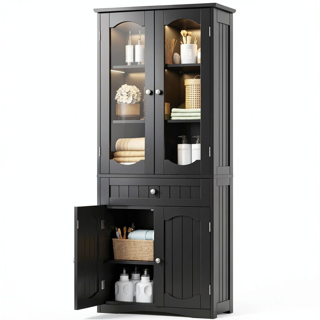 Armoire, r¨¦glable, avec rangement, avec ¨¦tag¨¨res, en verre, 60 x 30 x 160 cm, coloris noir, pour la chambre