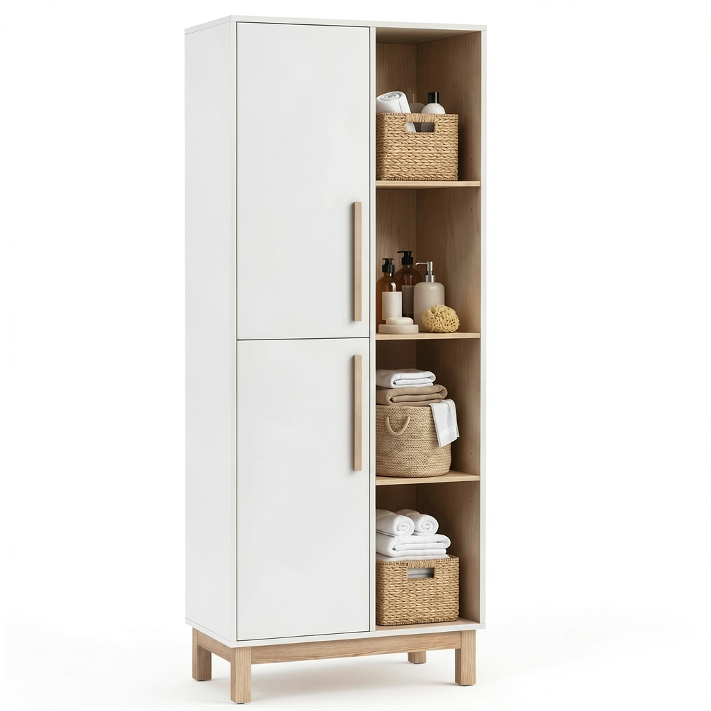 Ensemble de meubles de salle de bain, r¨¦glable, avec rangement, avec ¨¦tag¨¨res, 62,5 x 35 x 176 cm, coloris blanc et naturel, pour la salle de bain