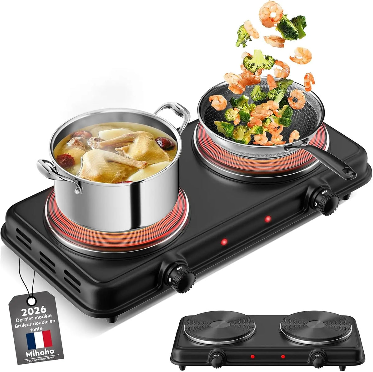 Plaque de cuisson – électrique, 2000 W, argenté, noir